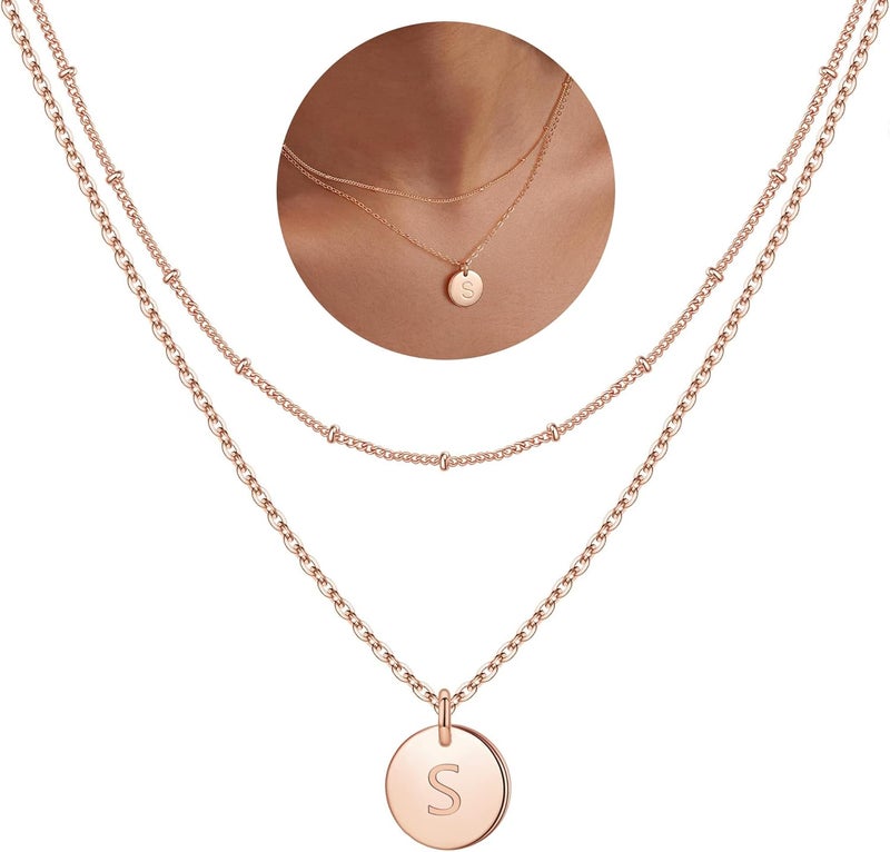 IEFWELL Valentines Gifts - Initial Necklaces for Women Girls, 14K Gold-Plated Silver Double Side Engraved Hammered Coin Necklaces, Layered Necklace Jewelry Pendant for Teen Girls - Image 1